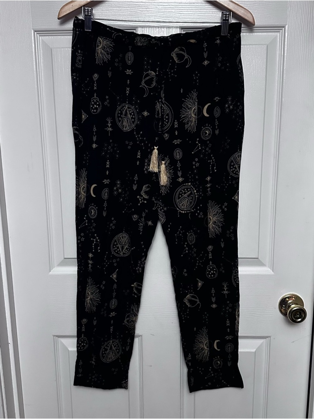Soma Celestial Print Pajama Lounge Pants Black Gold Moon Stars Tassel Size M
